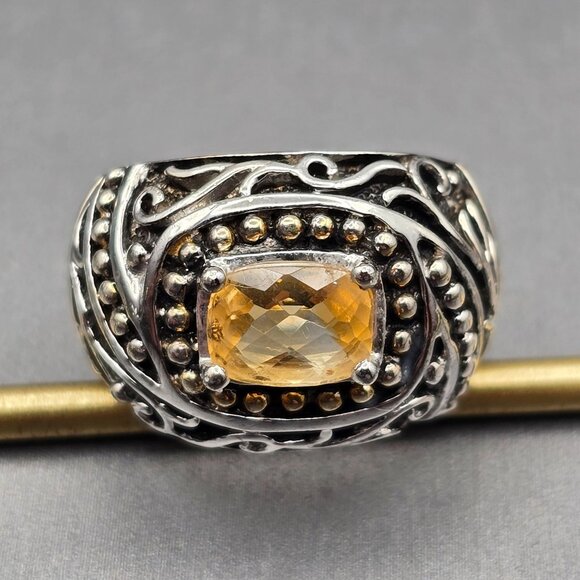 Sterling Silver & Citrine Dome Ring Size 6.5 Ornate Scrollwork Signed K 9.91g - Picture 1 of 13